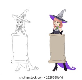 Beautiful cartoon witch holding parchment banner. Red hair, grey dress and big hat. Hand drawn vector illustration for coloring book. Isolated on white