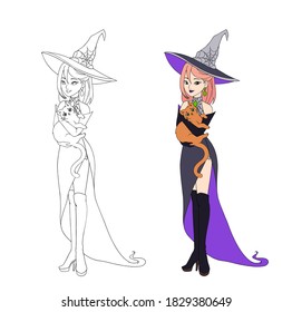 Beautiful cartoon witch holding red cat. Red hair, violet dress and big hat. Hand drawn vector illustration for coloring book. Isolated on white