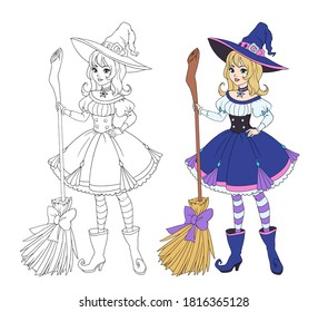 Beautiful cartoon witch holding wooden broom. Blonde hair, blue dress and big hat. Hand drawn vector illustration for coloring book. Isolated on white