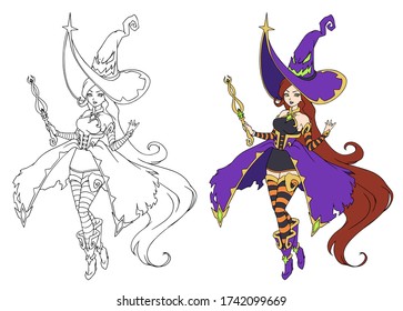 Beautiful cartoon witch wearing big Halloween hat and purple dress. Hand drawn contour vector illustration for coloring book, prints, cards, children game.