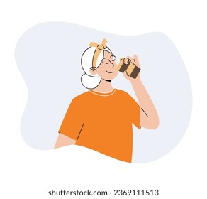 Beautiful cartoon woman drinking coffee. Vector isolated young girl with a paper glass with a drink, flat style.