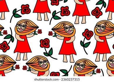 Beautiful cartoon woman, girl in red dress with the red hair and green eyes, holding a red rode flower in her hand. Trendy, stylish, fashionable, seamless vector pattern for design and decoration.