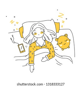 Beautiful cartoon woman laying on her bed with her phone near. Vector template with for card, poster, flyer and other users