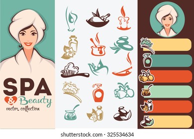 		beautiful cartoon woman and natural spa icons, emblems and backgrounds collection
