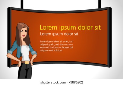 Beautiful cartoon woman with presentation screen