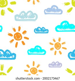 Beautiful cartoon yellow suns and blue clouds isolated on white background. Childish cute seamless pattern. Vector simple flat graphic hand drawn illustration. Texture.