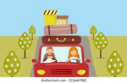 Beautiful cartoon young man and woman driving a red car. They are going to vacation. There are a few suitcases and boxes on the roof of car. Road, trees. Vector illustration
