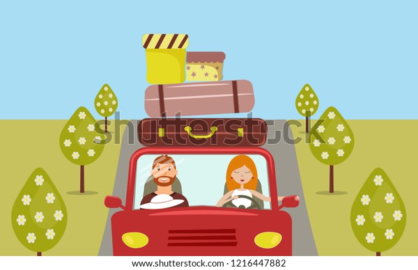 Beautiful cartoon young\
man and woman driving a red car. They are going to vacation. There\
are a few suitcases and boxes on the roof of car. Road, trees.\
Vector illustration