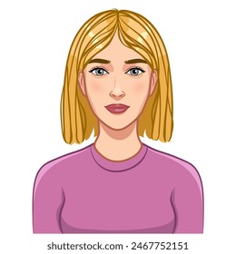 Beautiful cartoon young woman with blonde short hair, avatar, vector illustration, eps10