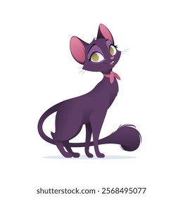 Beautiful cartoon-style cat. Dark purple fur. Expressive eyes. Long fluffy tail. Pink ribbon around neck. Playful and curious. Pet lovers concept. Isolated background. Flat vector illustration