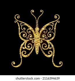 Beautiful carved butterfly on a background of sparkles. Background with gold glitter. 