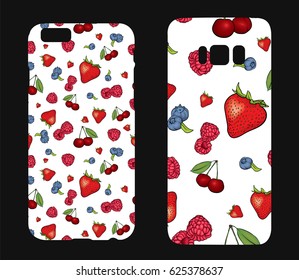 Beautiful cases for smartphones with colorful berries and fruits. Print for lining the phone. Ready design. Vector illustration. Summer drawings.