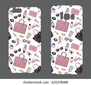 Beautiful cases for smartphones with female accessories. Stylish shoes, handbags, glasses, cosmetics and perfumes. Print for lining the phone. Ready design. Vector illustration.