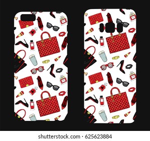 Beautiful cases for smartphones with female accessories. Stylish shoes, handbags, glasses, cosmetics and perfumes. Print for lining the phone. Ready design. Vector illustration.