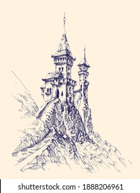 Beautiful castle with towers on top of the mountain and stairs that go up vector hand drawing