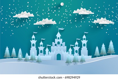 The beautiful castle in winter with snow and pine trees all around it. vector illustration winter and castle. paper art style