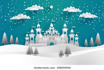 The beautiful castle in winter with snow and pine trees all around it. vector illustration winter and castle. paper art style