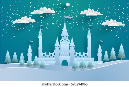 The beautiful castle in winter with snow and pine trees all around it. vector illustration winter and castle. paper art style