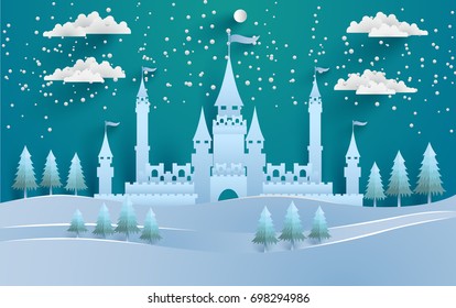 The beautiful castle in winter with snow and pine trees all around it. vector illustration winter and castle. paper art style