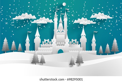 The beautiful castle in winter with snow and pine trees all around it. vector illustration winter and castle. paper art style