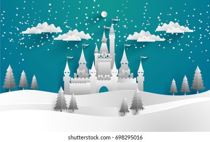 The beautiful castle in winter with snow and pine trees all around it. vector illustration winter and castle. paper art style