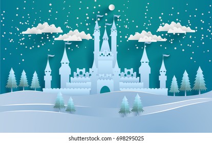 The beautiful castle in winter with snow and pine trees all around it. vector illustration winter and castle. paper art style