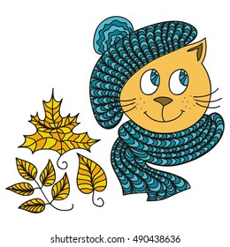Beautiful cat, autumn, yellow leaves. Vector illustration.