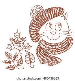 Beautiful cat, autumn, yellow leaves. Vector illustration.