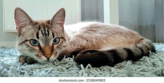 A beautiful cat with blue eyes lies on a rug in the house. Charming cat home pet. The cat curled up into a ball. Caring for cats. Cat food, pet products. Ojus azules.