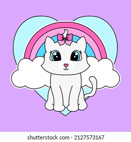 BEAUTIFUL CAT WITH A BOW AND A RAINBOW BEHIND, SLOGAN PRINT VECTOR