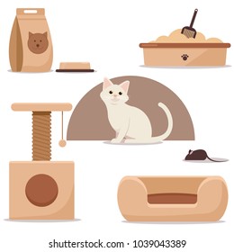 A beautiful cat with a bowl, a toilet, a forage, a couch, a small house. Vector flat illustration. Isolated objects.