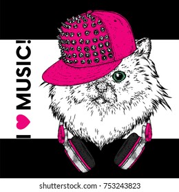 A beautiful cat with a cap and headphones. Vector illustration for a postcard, poster or print. Clothes and accessories.