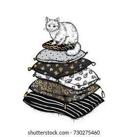 A beautiful cat comfortably lies on a pile of oriental pillows with patterns. Vector illustration for cards, covers, print on clothes.