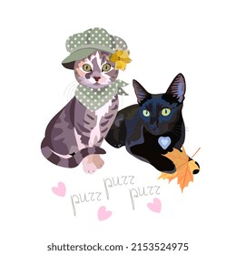 Beautiful cat couple of black cat and tricolor fashionista kitty isolated on white background in vector. The inscription "purr-purr-purr" and pink hearts below picture. Card, print for t-shirts.