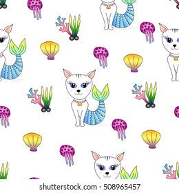 Beautiful cat face mermaid with scallop, jellyfish, coral and Seaweed. hand drawn doodle cartoon, seamless pattern, vector illustration wallpaper