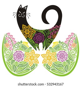 Beautiful cat and floral decorative element. Vector illustration.
