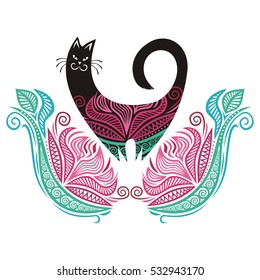 Beautiful cat and floral decorative element. Vector illustration.