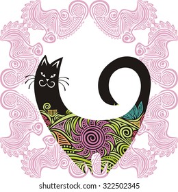 Beautiful cat and floral nature pattern card vector illustration