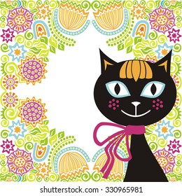 Beautiful cat and floral nature pattern background vector illustration