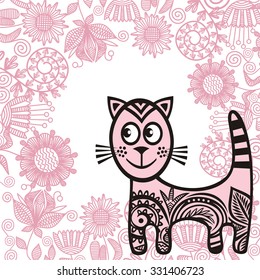 Beautiful cat and floral nature pattern background vector illustration