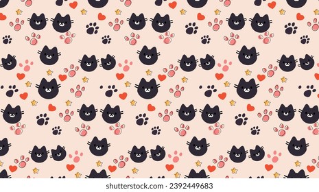 beautiful cat foot print seamless pattern , vector , background , digital illustration