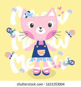 Beautiful cat girl wearing dress standing with butterflies on yellow background illustration vector.