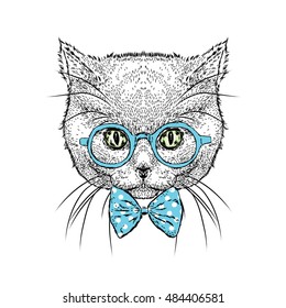 Beautiful cat in glasses and tie. Vector illustration for a card or poster. Illustration for prints on clothes. Design. Cute kitten.