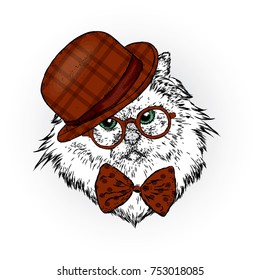 A beautiful cat with a hat and tie. Funny kitten. Vector illustration. Fashion, style, clothing and accessories.
