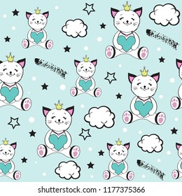 Beautiful cat with heart seamless pattern on a blue background