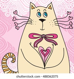 Beautiful cat with heart. Valentines day card. Vector illustration.