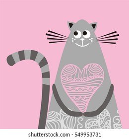 Beautiful cat with heart. Vector illustration.