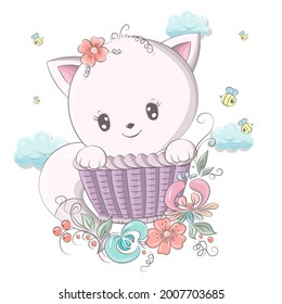Beautiful cat isolated on white background. Cute animal illustration for baby products and holidays. Cat images are perfect for stickers, T-shirts, notebooks and other baby products.