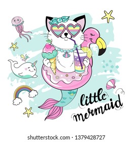 Beautiful cat mermaid with a circle of a flamingo and the inscription a little mermaid