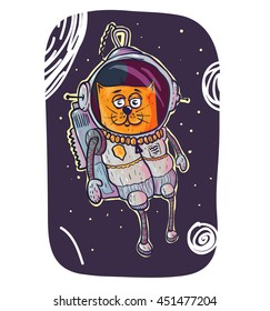 Beautiful cat in outer space in astronaut suit. Hand drawn vector illustration. 
